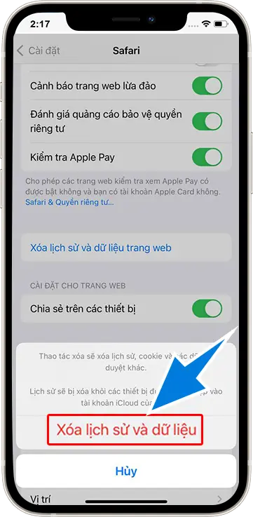 Bước 4 : Tiếp Tục Bấm Xóa lịch Sử Và Dữ Liệu